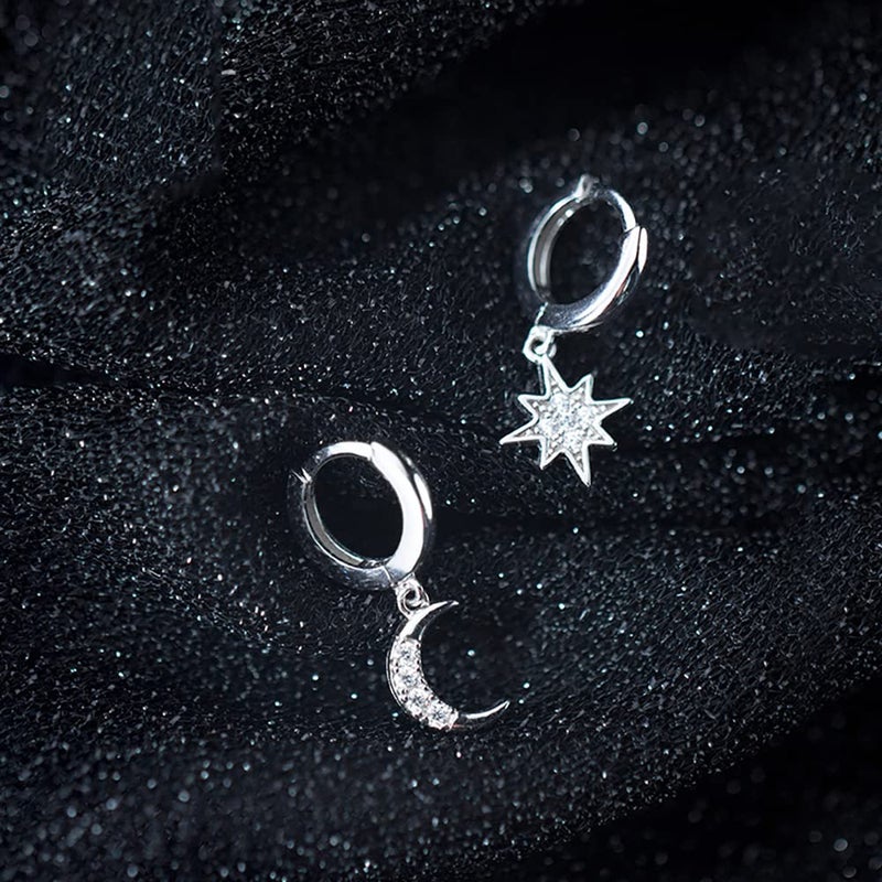 Reffeer Solid 925 Sterling Silver CZ Star Moon Drop Hoop Earrings for Women Teen Girls Crystal Moon Star Hoop Earrings Dangle (A-Silver) - Image 2